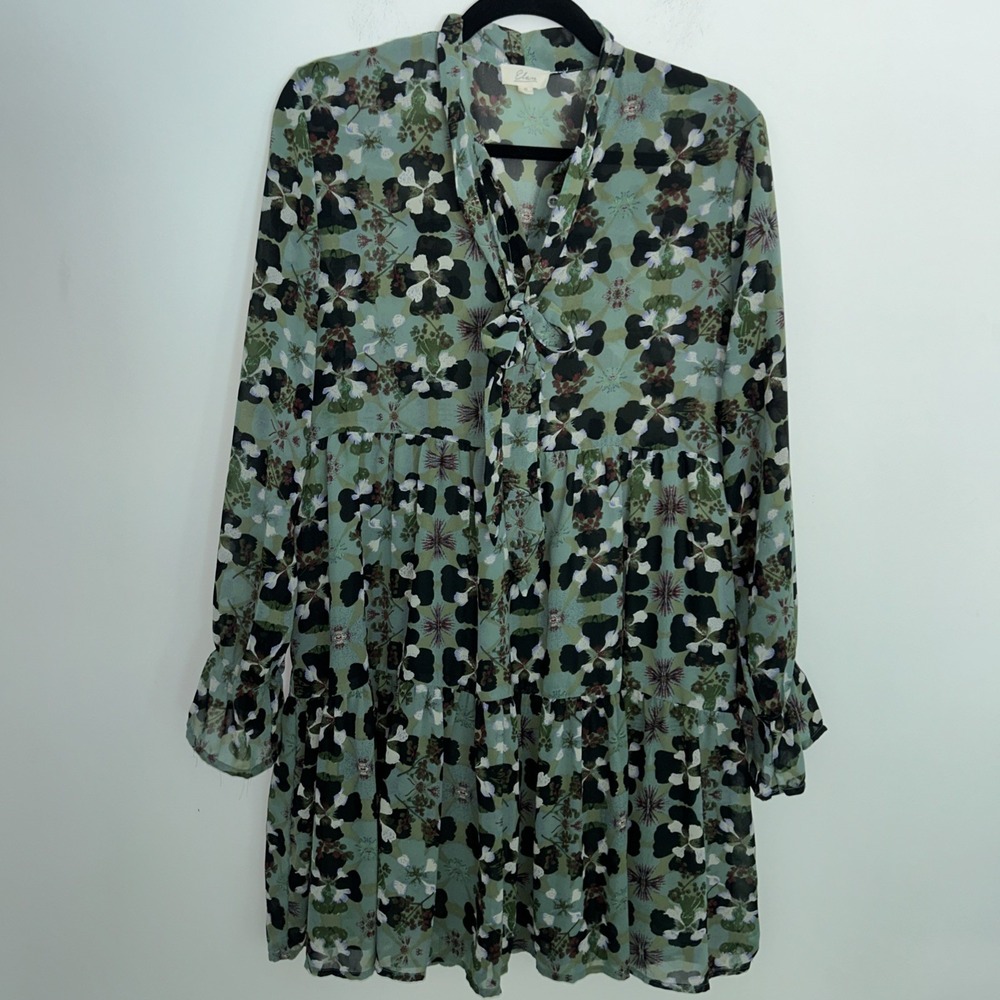 Ellen Women's Sheer Green Floral Mini Dress Tiered Boho Peasant Romantic Size Sm